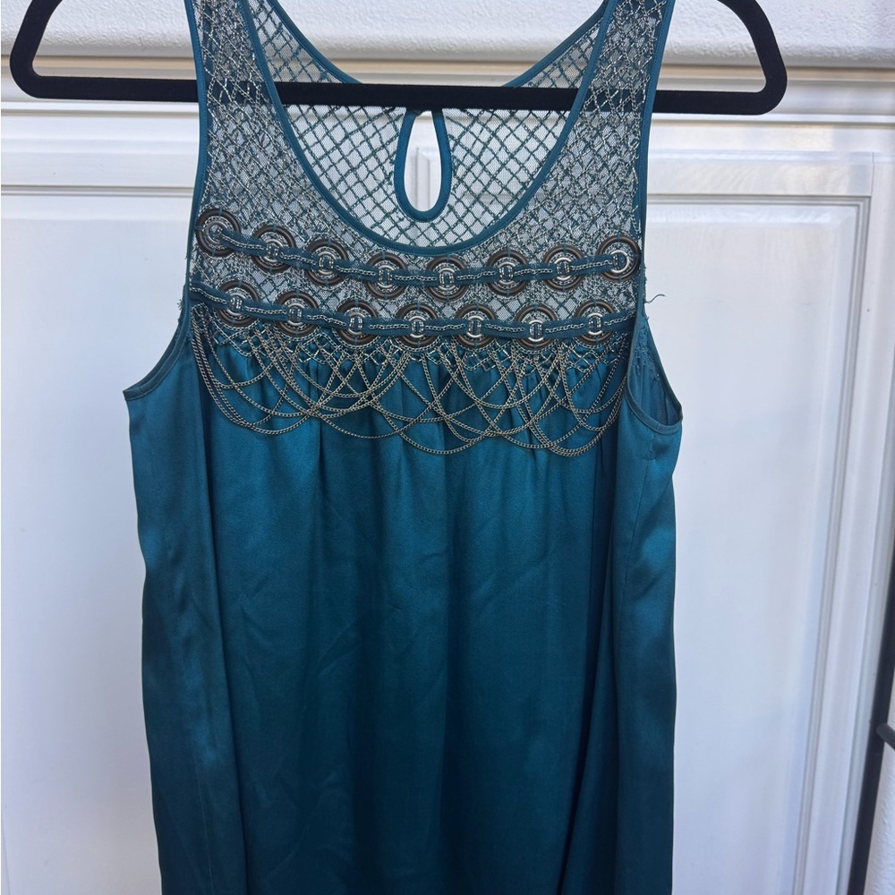 Catherine Malandrino Teal Sleeveless Blouse  with Chain Detail
